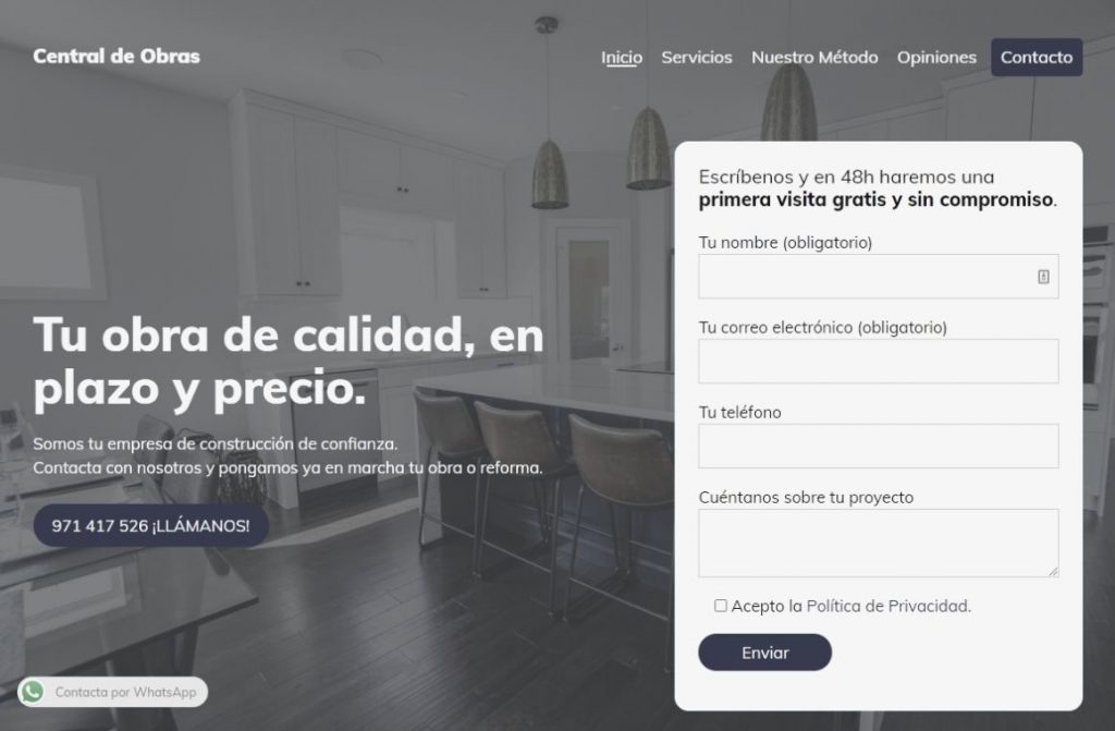 Landing Page de la web de Central de Obras