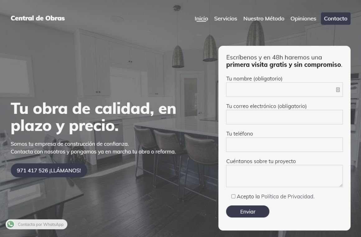 Landing Page de la web de Central de Obras